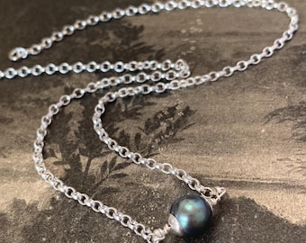 South sea Pearl necklace Silver chain. 100% recycled silver chain made in England. 9mm black pearl on silver belcher chain
