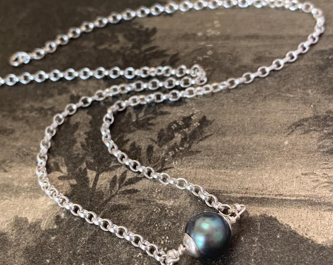 South sea Pearl necklace Silver chain. 100% recycled silver chain made in England. 9mm black pearl on silver belcher chain