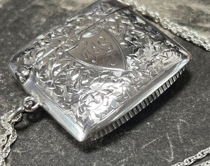 1908 vesta case Edwardian Sterling Silver Pendant 18 inch silver chain  Birmingham Hallmark 24 grams