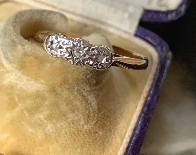 Vintage 9ct Gold Diamond Trilogy Ring | Platinum Set 3 Stone Engagement Ring | Art Deco Style | UK L