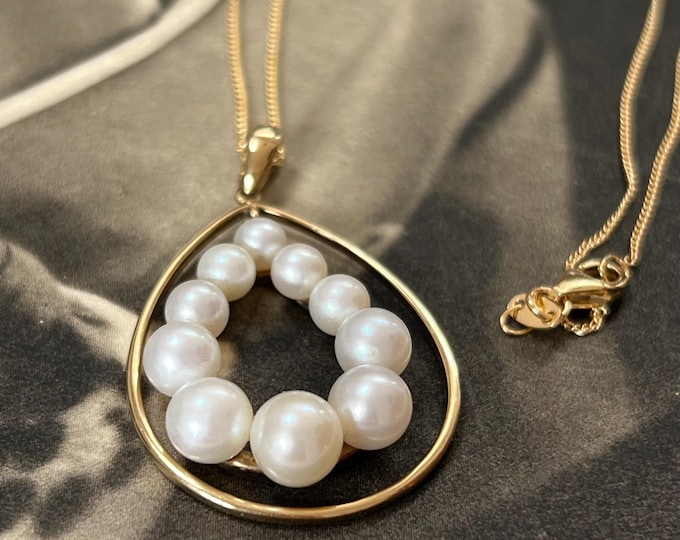 Vintage 9ct Yellow Gold Japanese Akoya Pearl Articulated Teardrop Pendant Necklace with 18" 925 gold vermeil fine curb chain