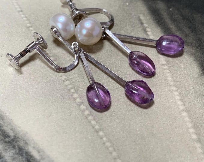 Sterling silver amethyst and pearl dangle earrings vintage with screw back fittings