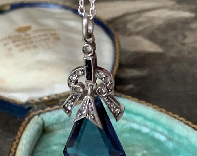 Art Deco Silver Paste Sapphire Pendant Necklace 20 inch silver chain