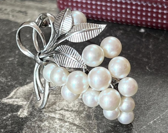 Vintage Mikimoto Akoya Pearl Brooch, 1960s Japanese Silver Floral Spray Brooch
