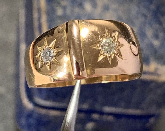 Victorian 22ct gold diamond ring. Star set 2 old cut diamonds Ring size J 1/2, size 4 5/8 US. 4.2 grams old buckle ring 8.5mm wide