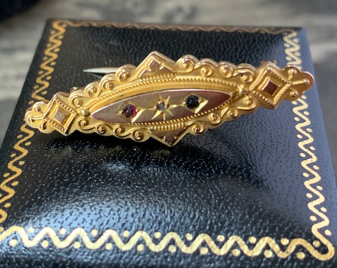 Victorian 9ct Gold Sapphire Brooch: Etruscan Revival Locket