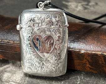 Antique George V Sterling Silver Vesta Case Pendant, Forget me not keepsake locket necklace by Rolason Bros, dates Birmingham 1910