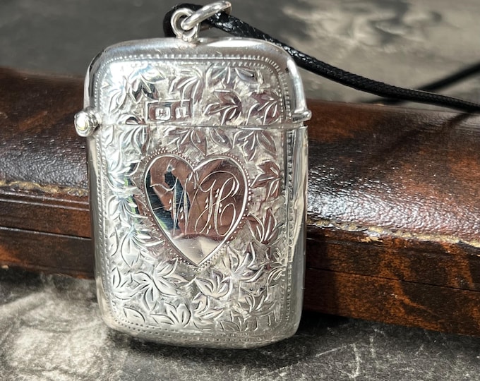 Antique George V Sterling Silver Vesta Case Pendant, Forget me not keepsake locket necklace by Rolason Bros, dates Birmingham 1910