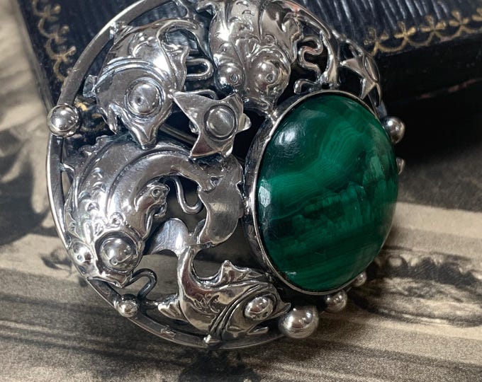 Niels Erik From Silver Malachite with Fish and Stars Statement Brooch. 1950s 19 grams 925 sterling silver brooch. Stunning!!