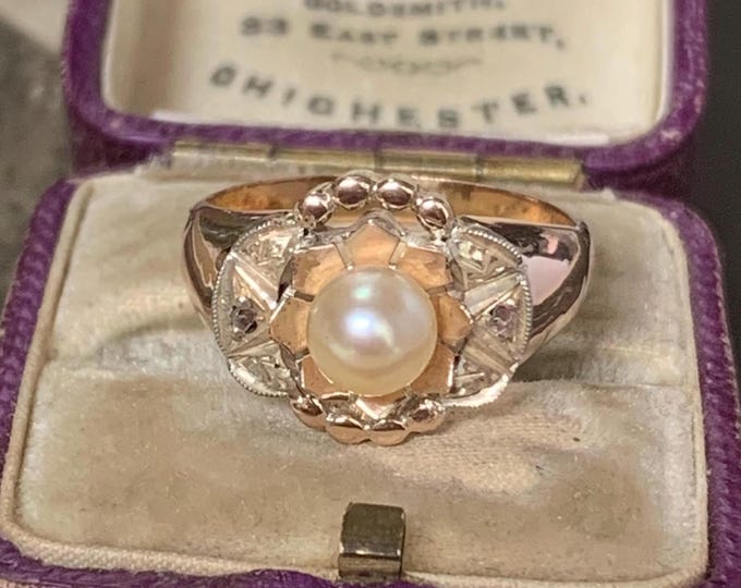 Antique French Revolution Diamond Pearl 18K Gold Ring - Size 6.5