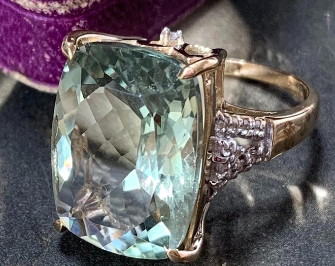 Green Amethyst Statement Ring: 9ct Gold, White Sapphire Accents, Size N 1/2