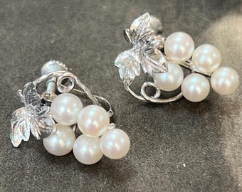 Vintage Grapevine Earrings Silver Cultured Pearl Screw back Studs Circa 1950s saltwater pearl jewellery