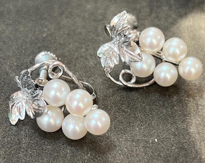 Vintage Grapevine Earrings Silver Cultured Pearl Screw back Studs Circa 1950s saltwater pearl jewellery