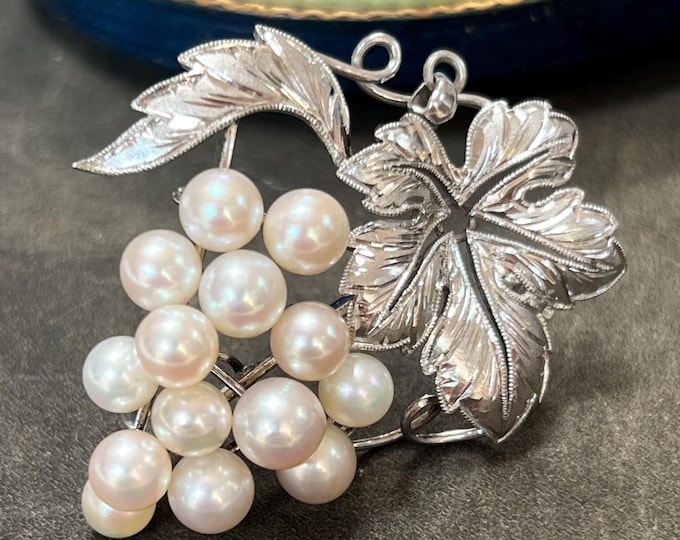 Vintage Akoya Pearl Brooch Pendant Sterling Silver Grapevine Brooch Japanese Pearl Pin 1950s Bridal Jewelry
