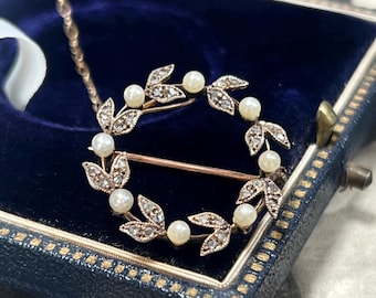 Belle Époque Platinum Set Diamond Pearl & Brooch, 18ct Gold Laurel Circle in Antique Box