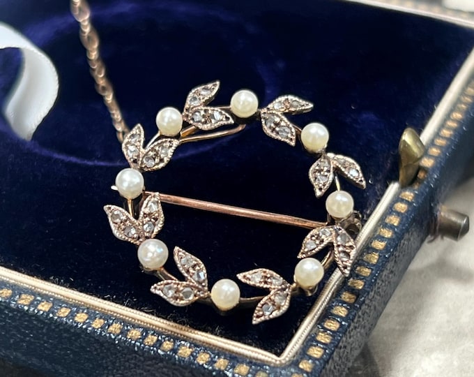 Belle Époque Platinum Set Diamond Pearl & Brooch, 18ct Gold Laurel Circle in Antique Box