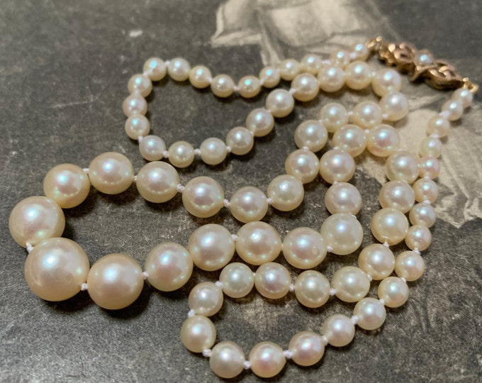 Vintage 1960 Graduated Pearl Necklace. 40cm Choker length strand with 71 akoya pearls 8mm - 3mm pearls 9ct gold clasp English hallmarks