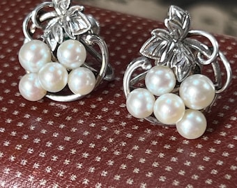 Mikimoto Akoya Pearl Earrings | Vintage Silver Screwback Fiitings | Circular Vine Leaf Design | In Original Mikimoto Box