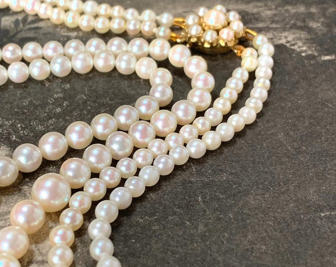 Double strand Pearl Necklace 196 Akoya pearls 4mm-7mm 9ct gold clasp with pearls 1992 English hallmark. Princess length vintage necklace