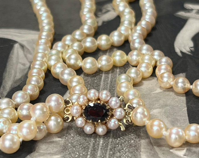 Vintage Double Strand Pearl Necklace, 9ct Gold Garnet Clasp