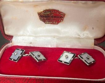 Mens Jewelry Silver Enamel, Art Deco Cufflinks, Antique Gift Ideas, Original Box, Vintage Mens Accessory