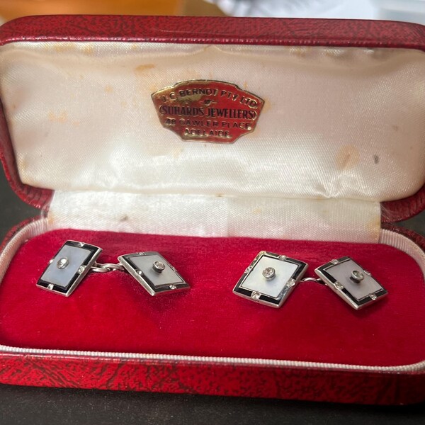 Mens Jewelry Silver Enamel, Art Deco Cufflinks, Antique Gift Ideas, Original Box, Vintage Mens Accessory
