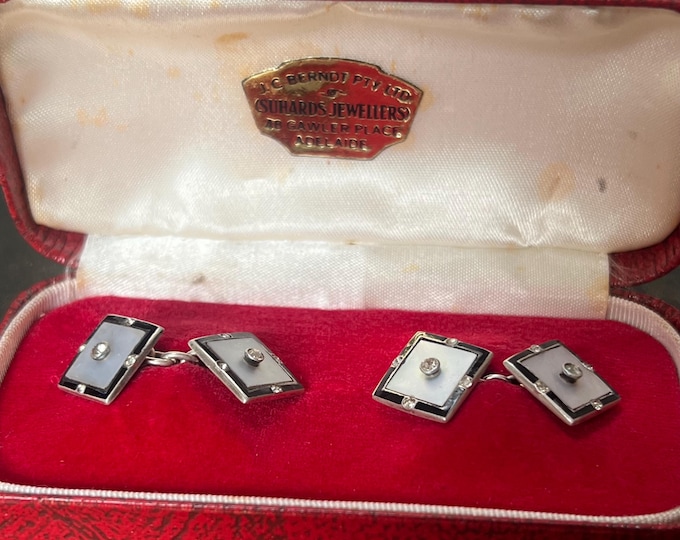 Mens Jewelry Silver Enamel, Art Deco Cufflinks, Antique Gift Ideas, Original Box, Vintage Mens Accessory