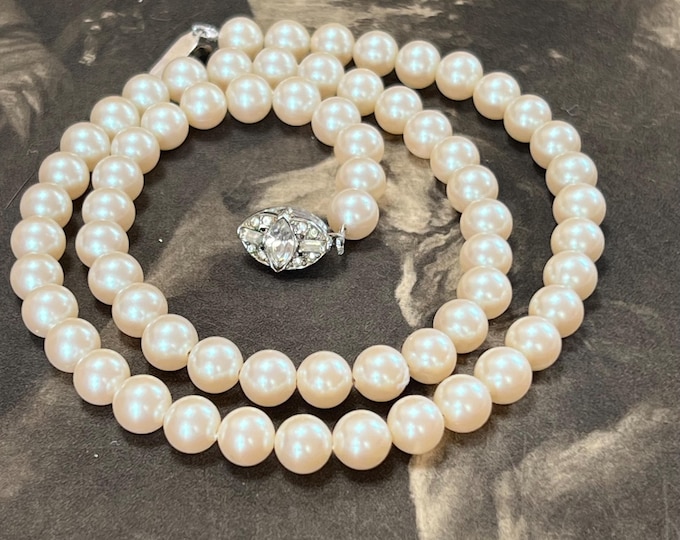 Vintage Trifari Faux Pearl Necklace 1950s | Crown Trifari Paste Clasp Long Strand | Classic Mid Century Bridal Jewellery Gift
