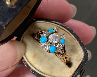 Victorian diamond ring 4.6 grams 18ct gold 0.7tcw diamonds and turquoise gemstones. Ring size Q size 8 (US)  4.6 grams  English Hallmark