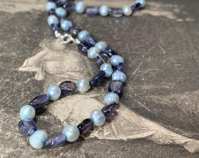 Iolite gemstone and pearl necklace. 16 inches choker length with 925 silver clasp. 5mm-6mm freshwater pearls