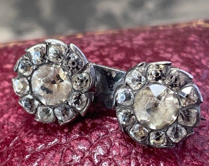 Antique Paste Black Dot Brooch: Silver Double Flower Design