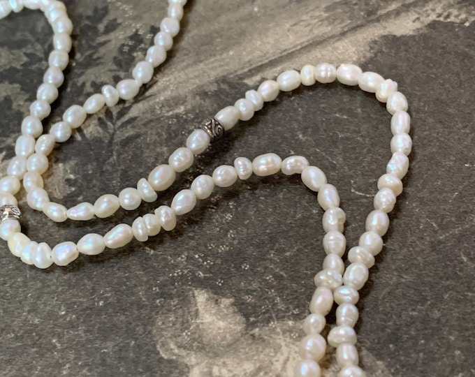 Pearl Necklace, 29.5 Inch Opera Length, Silver Gilt Beads, Cultured Pearl Jewellery