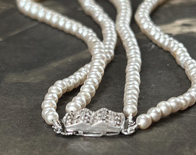 Vintage Double Strand Baroque Faux Pearl Bead Necklace with Silver Marcasite Set Clasp 1960s