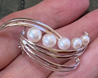 Vintage Mikimoto Akoya Pearl Brooch: Sterling Silver Wave Design