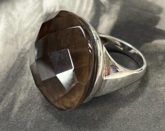 Vintage Smoky Quartz Statement Ring, Sterling Silver 925, Large Checker board Cut Gemstone, UK L