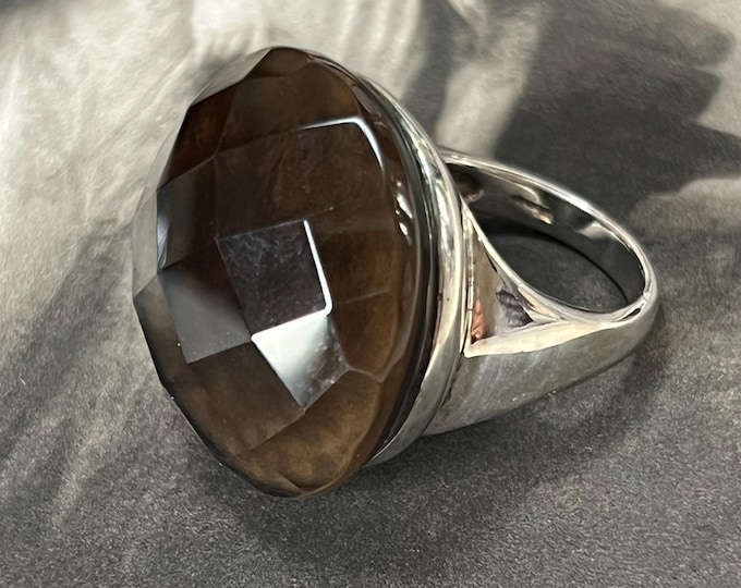 Vintage Smoky Quartz Statement Ring, Sterling Silver 925, Large Checker board Cut Gemstone, UK L