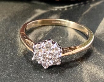 Diamond Daisy Ring Vintage 9ct Gold : Full Birmingham Hallmark, Size 6.5 US
