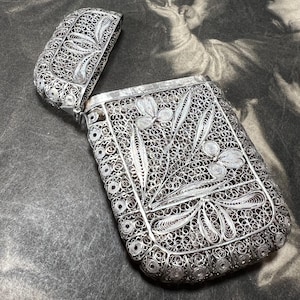 Antique Silver Telkari Filigree Card Case with Floral and Leaf Motifs Finely Made with Side Hinged Top