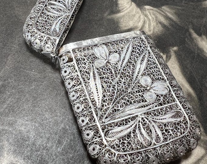 Antique Silver Telkari Filigree Card Case with Floral and Leaf Motifs Finely Made with Side Hinged Top
