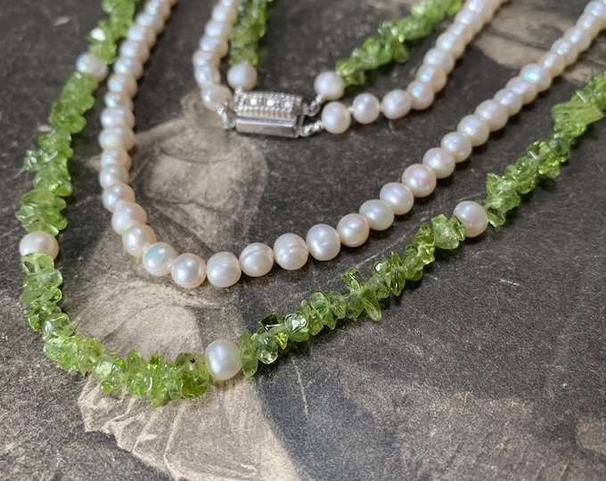 Peridot and pearl double strand necklace. June and August Birthstone. Matinee length 51cm. 925 silver marcasite set clasp. Hand strung in UK