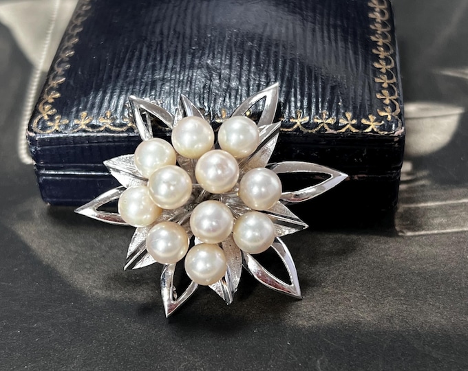Vintage Sterling Silver Pearl Flower Brooch | Floral Dress Pin