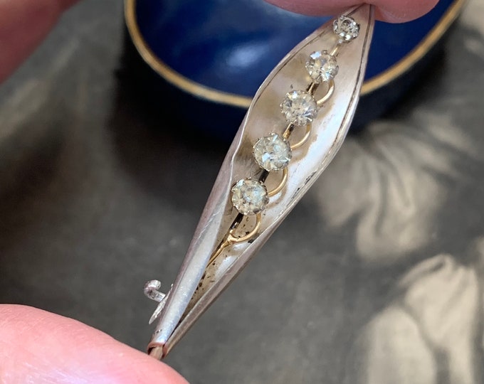 Antique 1919 Sterling Silver Leaf Brooch, White Quartz Gemstone Pin