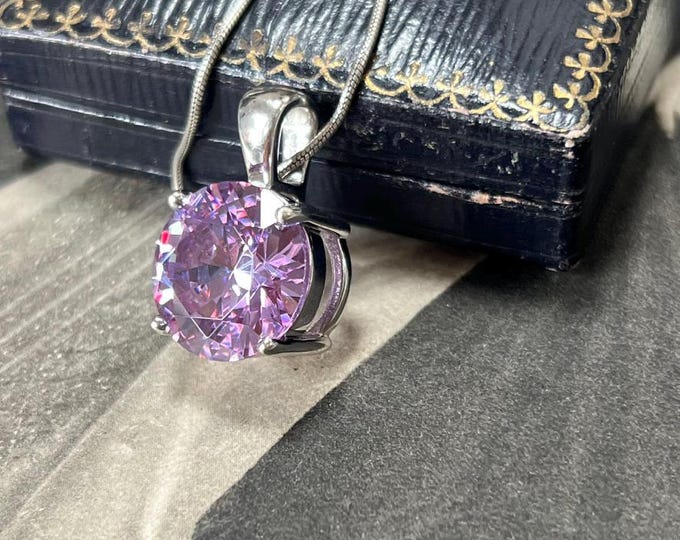 Lilac Round Cut CZ Pendant | 925 Sterling Silver, Vintage Italian Snake Chain (18")