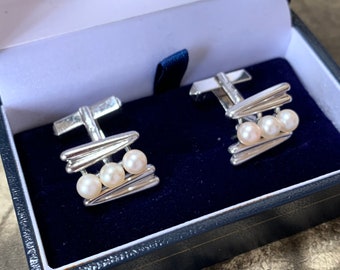 Vintage Mikimoto Akoya Pearl Cufflinks, Sterling Silver Mens Jewelry