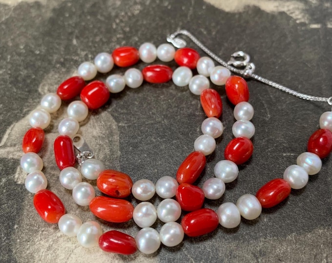 Red Coral and Pearl Necklace Sterling Silver Extender 42cm natural gemstone necklace