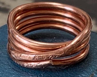 Copper Arthritis Ring. Handmade in England. Ring size Q.5 size 8.25 (US). 4 Band Ring crossover rune engraving to front and hammered detail