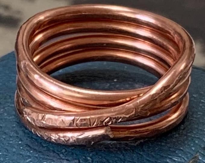 Copper Arthritis Ring. Handmade in England. Ring size Q.5 size 8.25 (US). 4 Band Ring crossover rune engraving to front and hammered detail