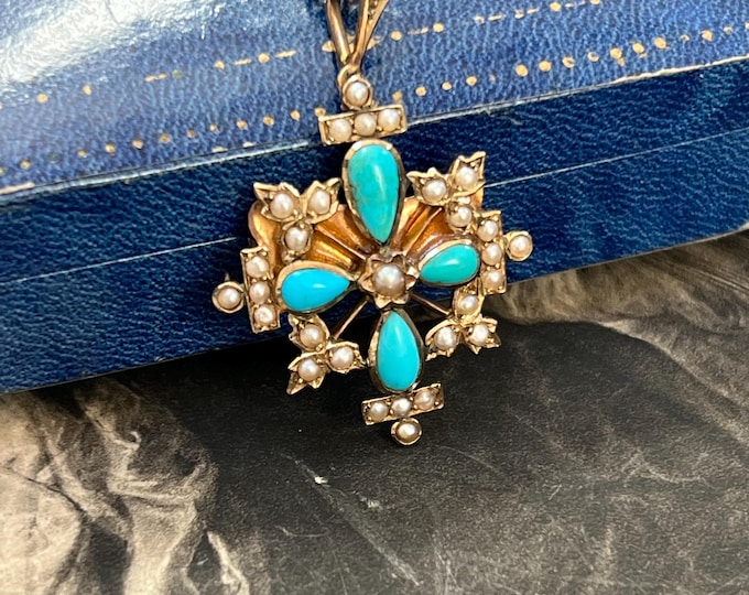 Victorian 18ct Gold Turquoise Pearl Cross Pendant Brooch, 9ct Gold & Gilt Silver Chain