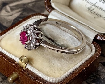 Natural Ruby and Diamond Halo Ring. 18ct white gold vintage Engagement ring size M, size 6 (US). 3.8 grams