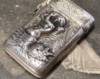 Edwardian Silver keepsake locket vesta case for silver chain or leather strap. Mermaid nautical design
